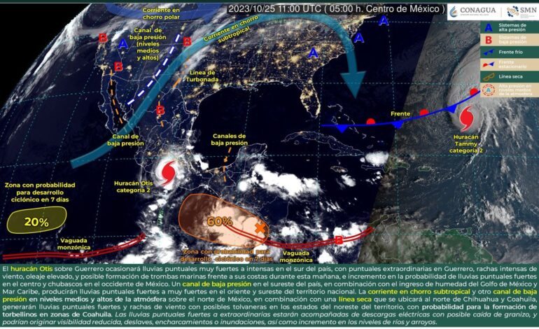  Continuarán las lluvias en Costa, Sierra Sur y Mixteca por paso del Huracán Otis