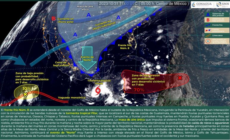  Frente frío número 8 y tormenta tropical Pilar ocasionarán lluvias en algunas regiones