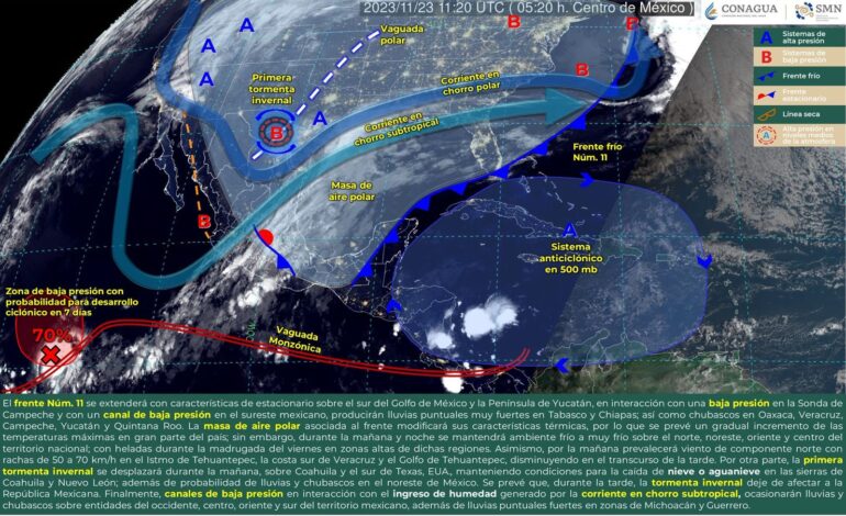  Frente frío número 11 ocasionará ligeras lluvias con chubascos en parte del estado