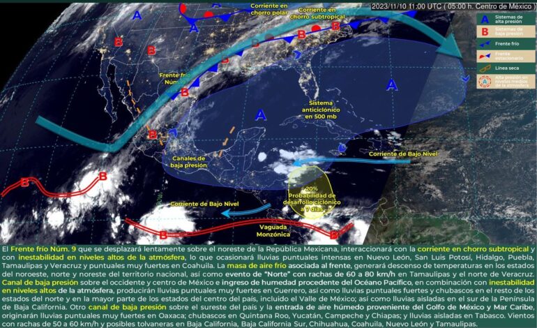 Canales de baja presión y frente frío número 9 provocarán lluvias en distintas partes del estado