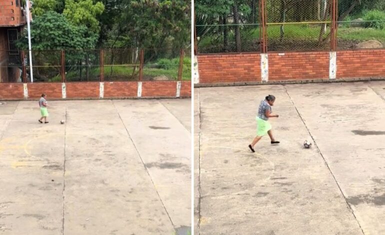  Abuelita que juega futbol con su nieto se viraliza; “¡Maradoña!”