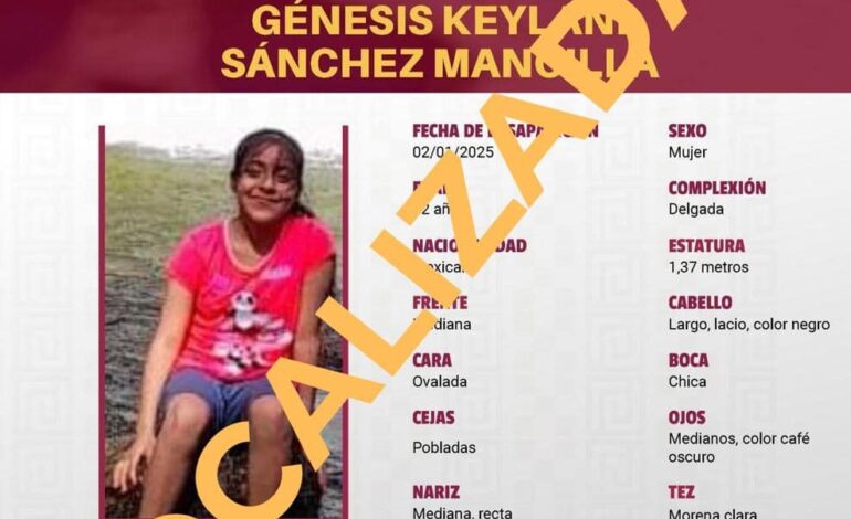  Se localiza con vida a Génesis Keylani Sánchez Mancilla