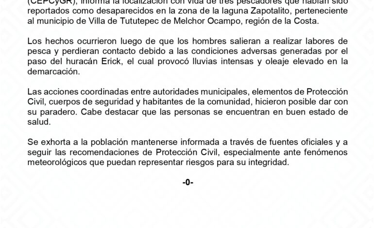  Localizan con vida a tres pescadores extraviados en laguna Zapotalito
