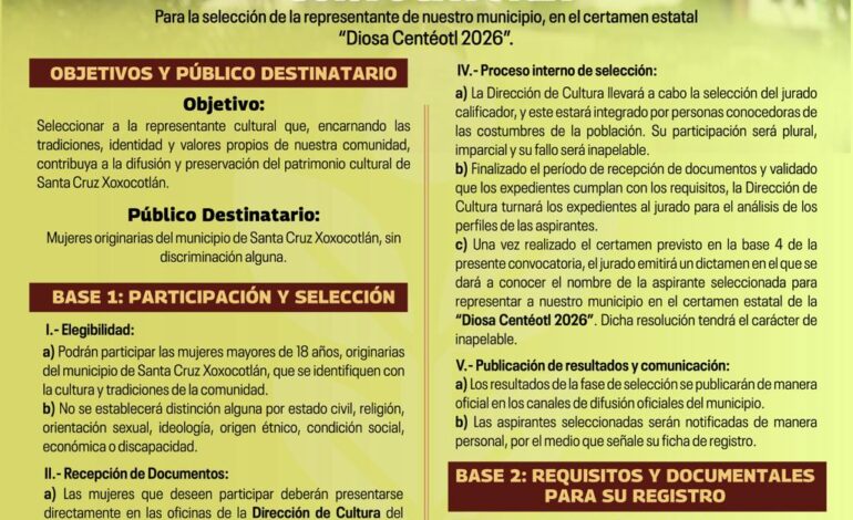  Lanza Xoxocotlán convocatoria para elegir representante de la “Diosa Centéotl 2026”